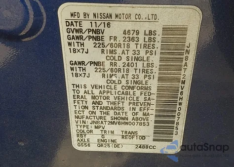 2017 Nissan Rogue Sl z USA, uszkodzony, nr VIN JN8AT2MV6HW007853